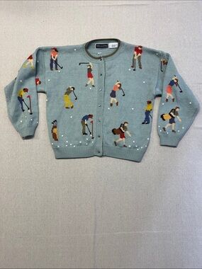 Christine Foley Golf Cardigan Sweater Sea foam Green/Blue Novelty Knit Size 1